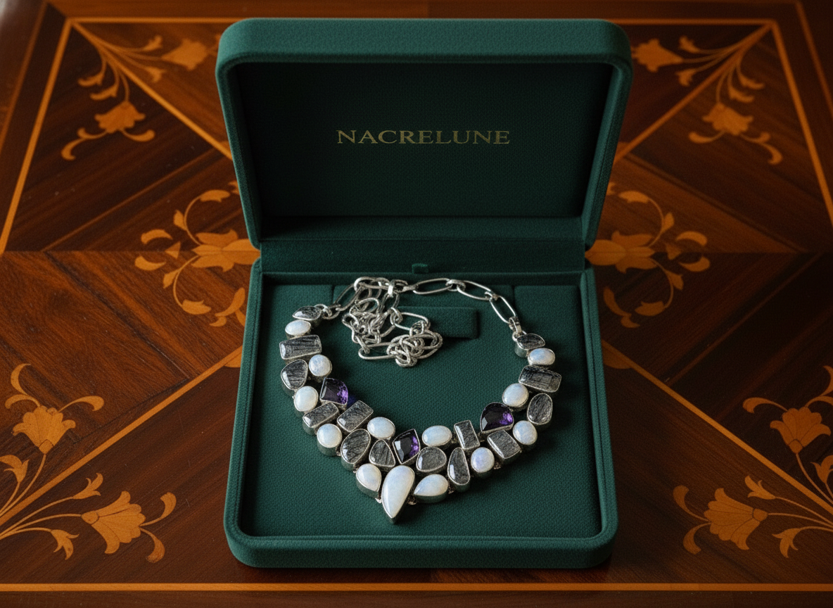 Collier en argent 925 avec pierres de lune, quartz rutiles et améthystes NACRELUNE collier