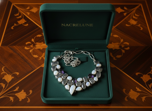 Collier en argent 925 avec pierres de lune, quartz rutiles et améthystes NACRELUNE collier