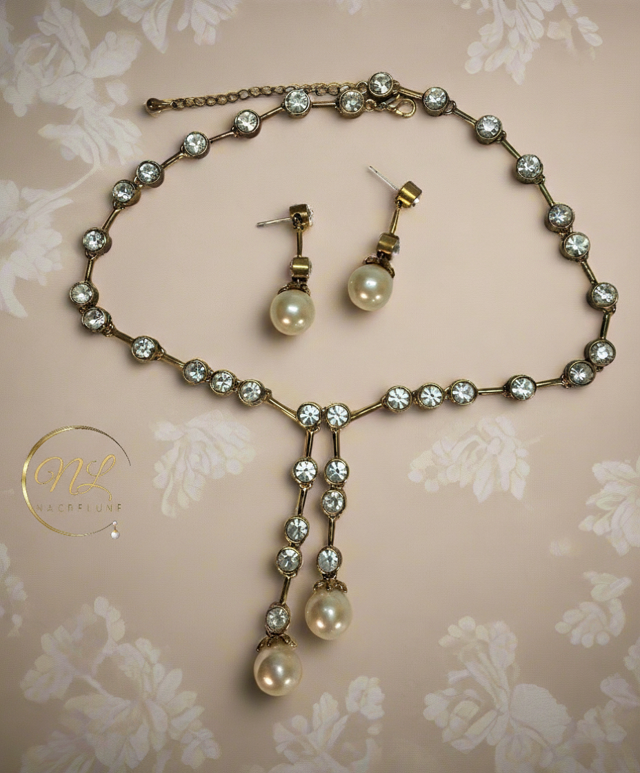 Parure dorée avec grandes perles fantaisie et strass NACRELUNE parure