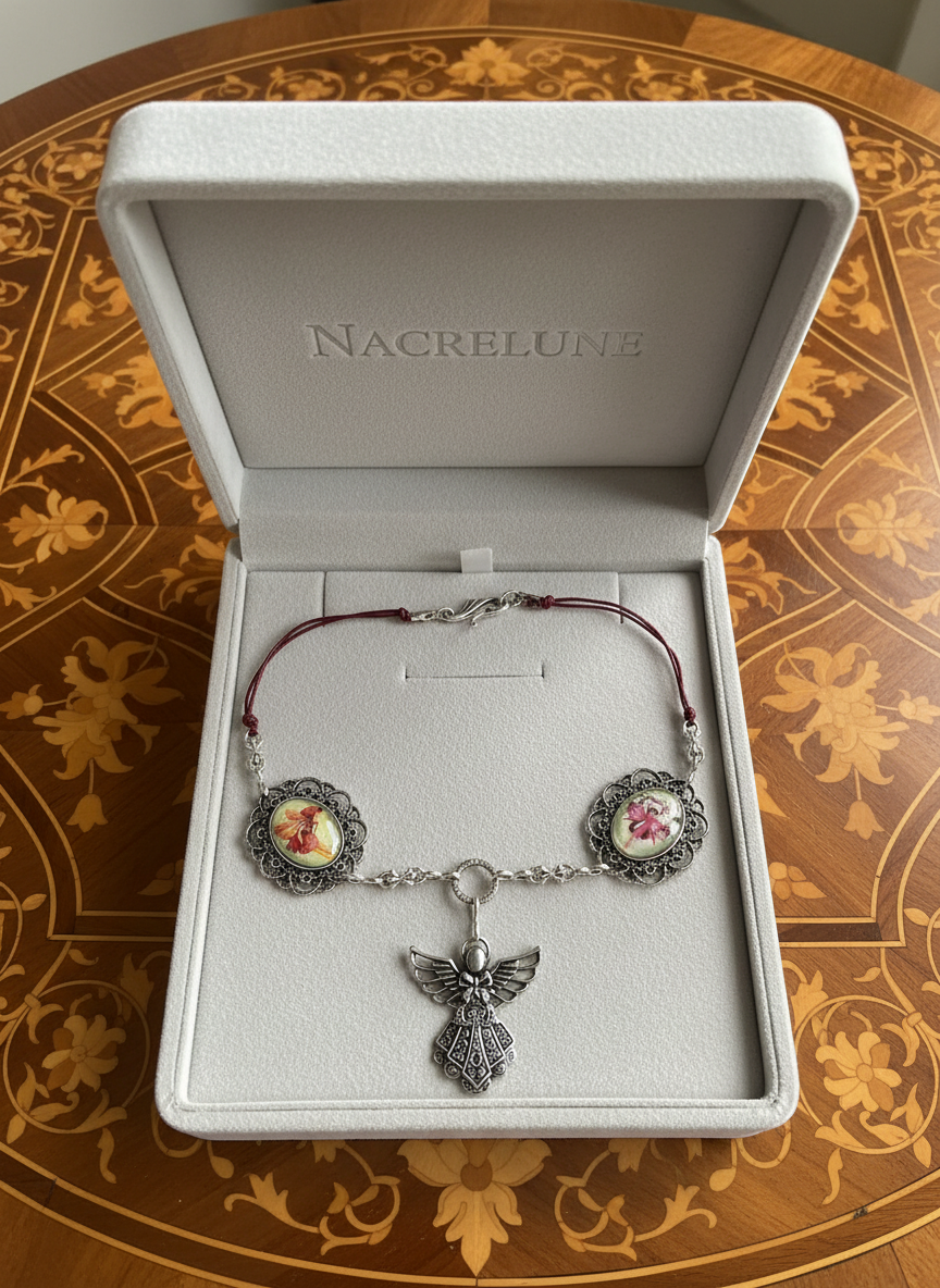 Collier fait de petits camées représentant un ange et des fées des fleurs nacrelune.com collier