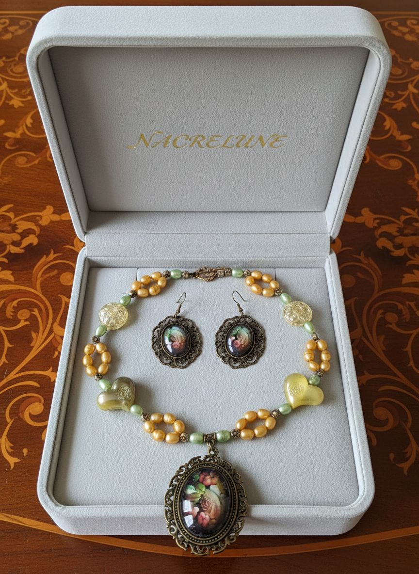 Parure en perles de culture véritables et perles acrylique avec camée en verre représentant des fleurs nacrelune.com parure