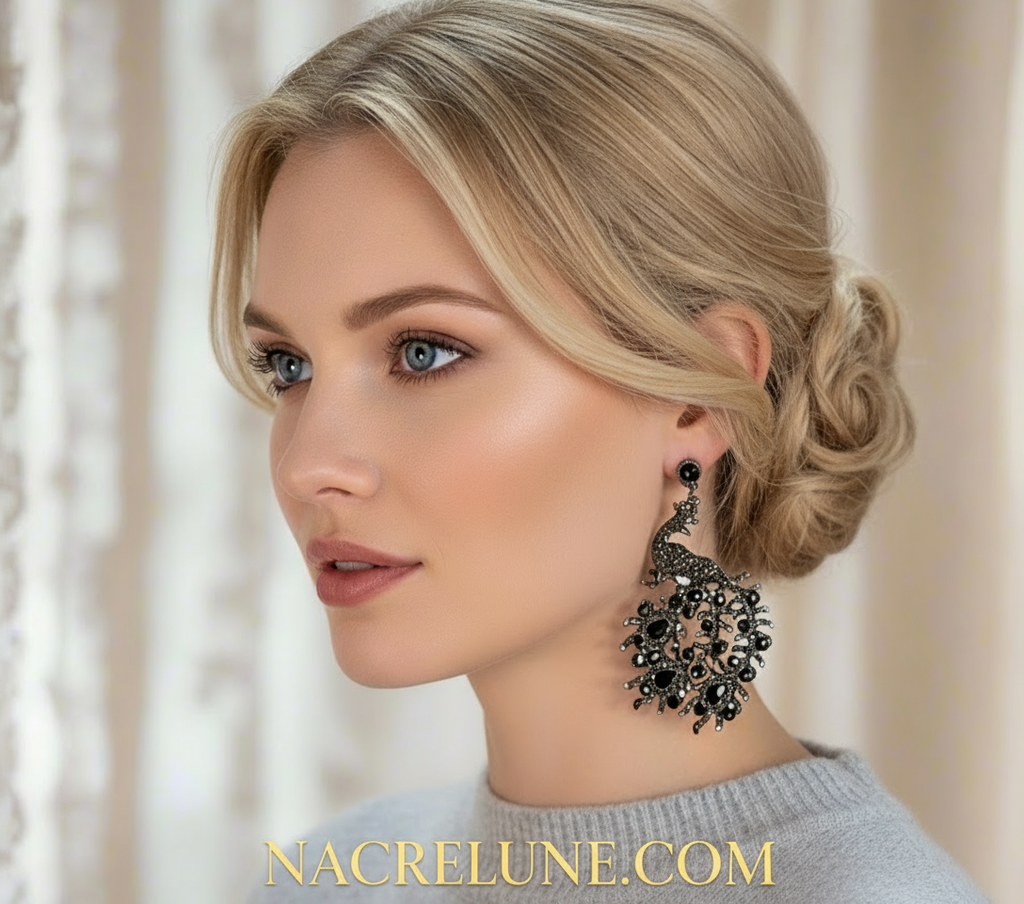 boucles d'oreille en strass en forme de paon noir nacrelune.com boucles d'oreille