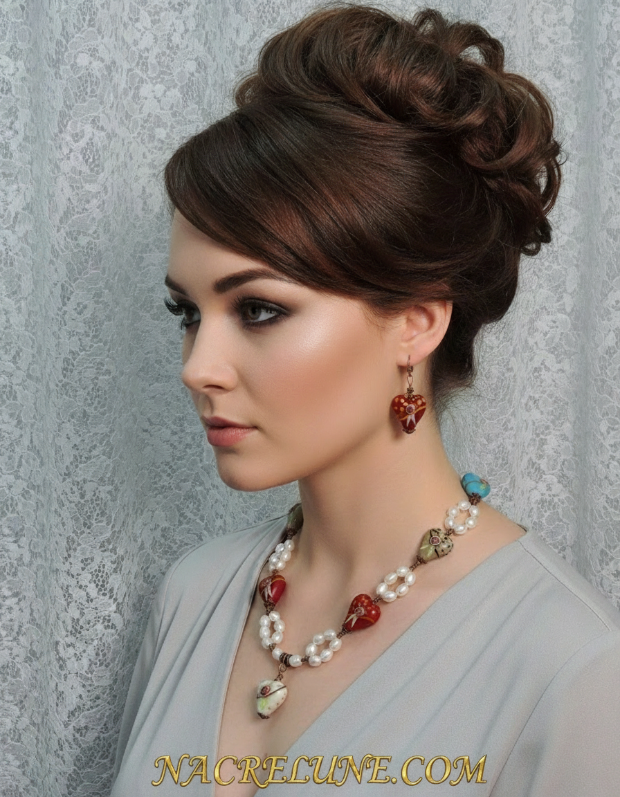 parure en perles de culture et coeurs en verre décoré NACRELUNE parure