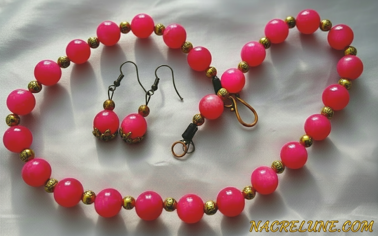 Parure en perles de quartz roses polis rose NACRELUNE parure