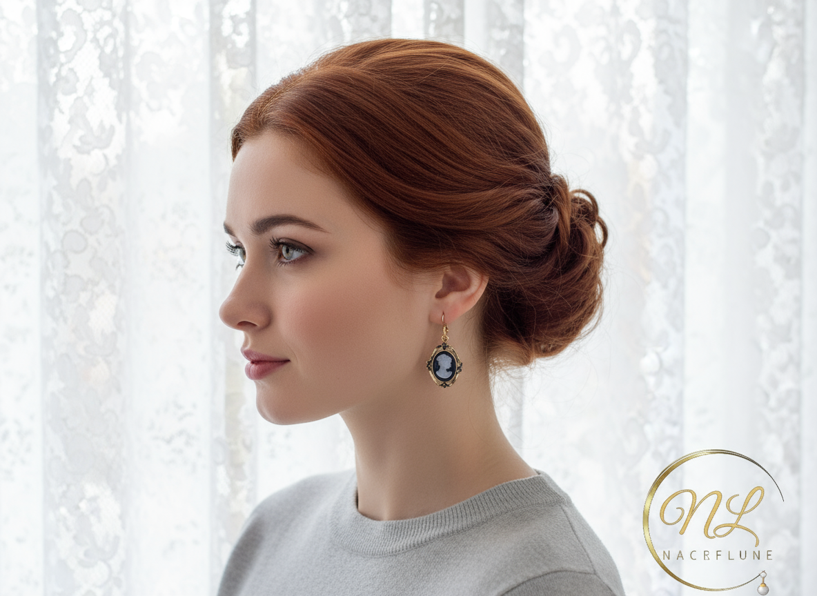 Boucles d'oreille fantaisie camée bleu strass gris nacrelune.com boucles d'oreille