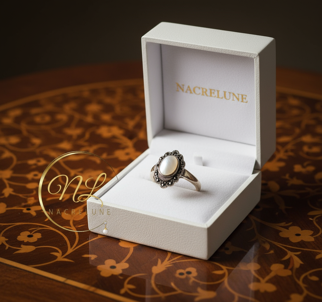 Bague en argent véritable avec marcassites et cabochon de nacre naturelle NACRELUNE Bague