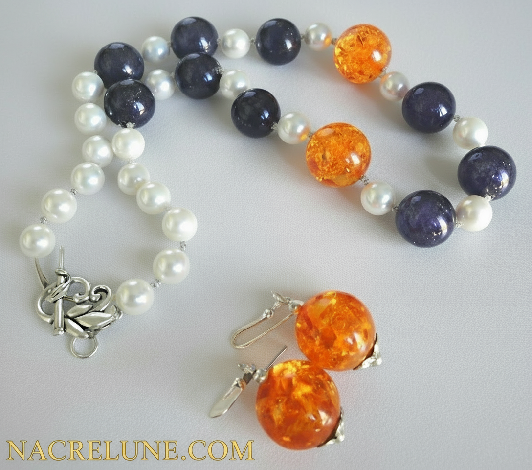 Parure en perles d'améthyste véritable , perles de nacre et ambre pressé Violet NACRELUNE parure