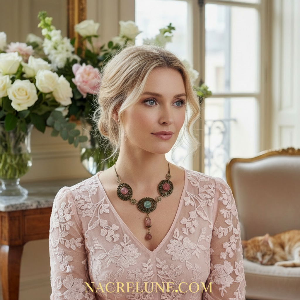 Collier en métal avec fleurs en aventurine sculptées et quartz rouges nacrelune.com collier