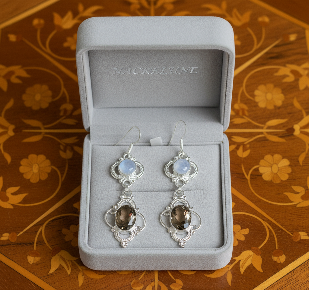 Boucles d'oreille en argent avec pierre lune et quartz fumé nacrelune.com boucles d'oreille