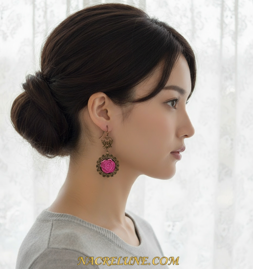 Boucles d’oreille romantiques avec fleurs roses nacrelune.com boucles d'oreille