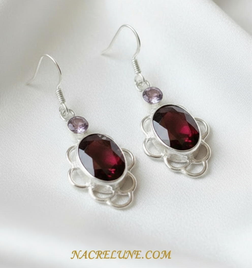 Boucles d'oreille en argent avec grenat et topaze rose nacrelune.com boucles d'oreille