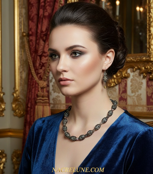 Parure en perles de verre dentelle noire avec millefleurs NACRELUNE parure