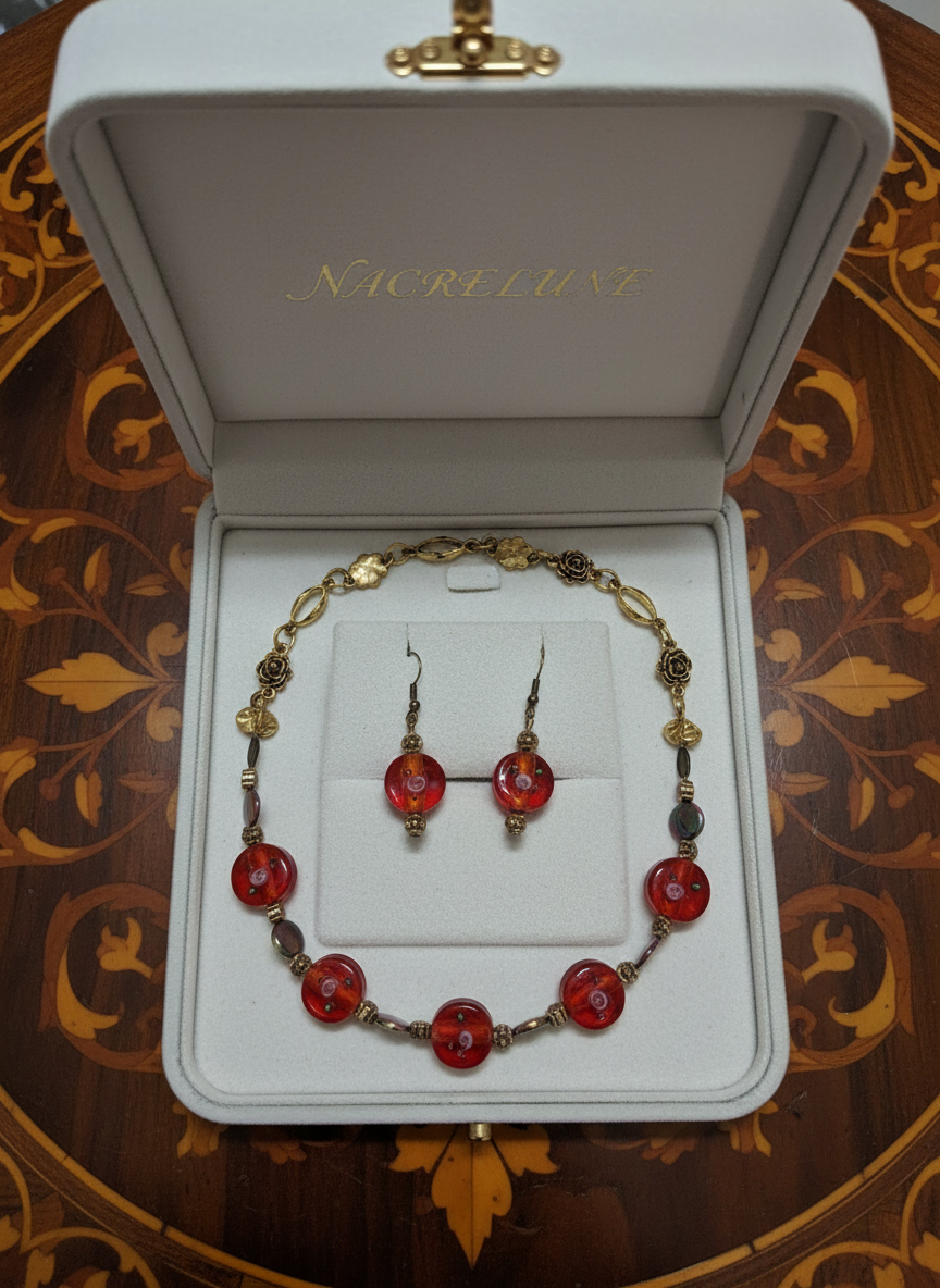 parure rouge en perles de verre et perles de nacre noire Rouge NACRELUNE parure