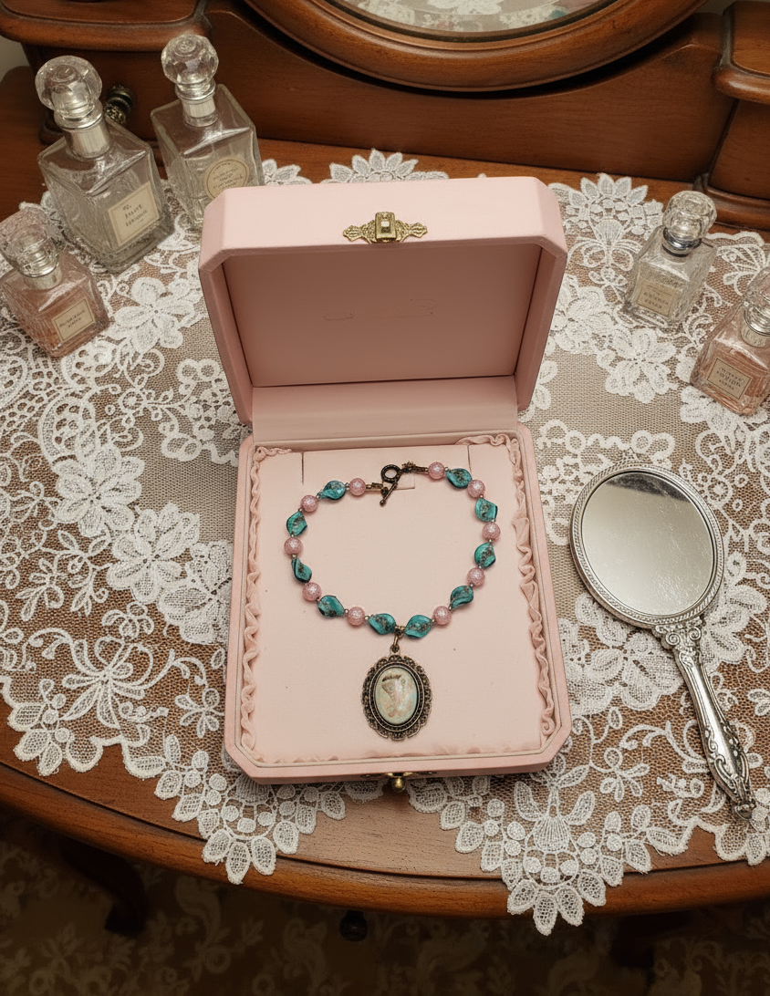 collier en perles de verre et acrylique avec grand camée victorien nacrelune.com collier