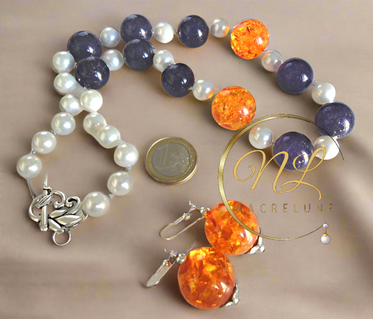 Parure en perles d'améthyste véritable , perles de nacre et ambre pressé