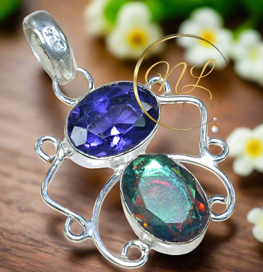 Pendentif en argent avec améthyste et topaze mystique taillées