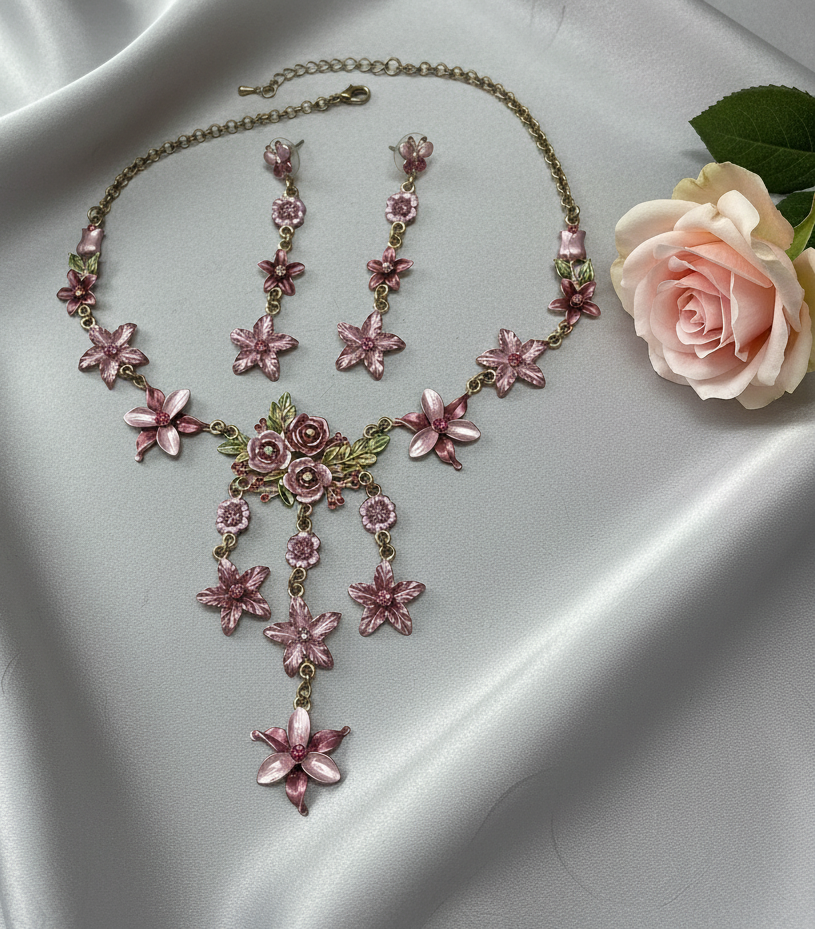 Parure fleurs en émail rose nacrelune.com parure