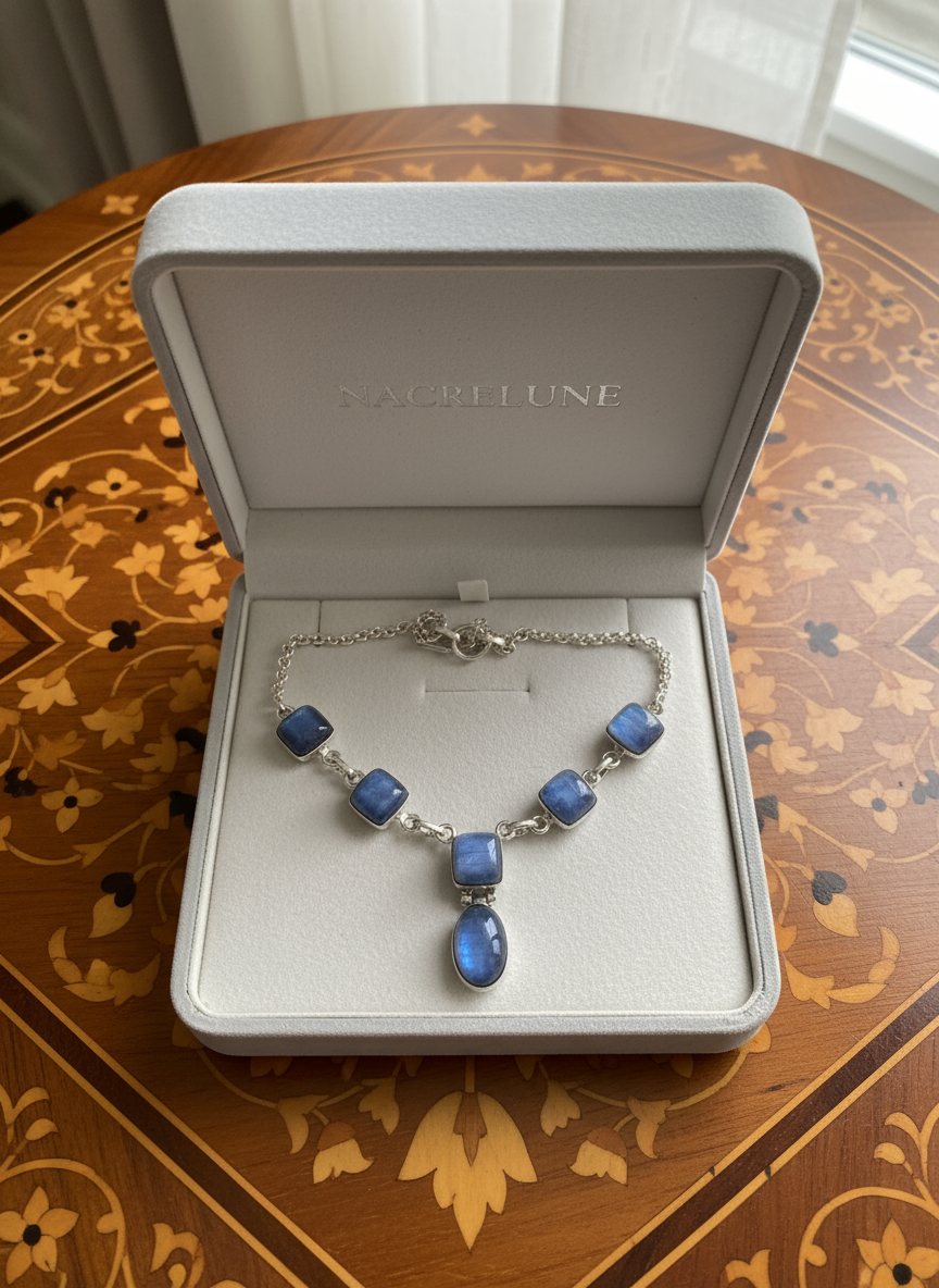 Collier en argent 905 avec kyanites polies nacrelune.com collier