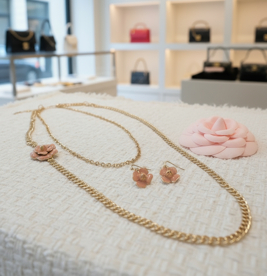 Ensemble fantaisie de style connu avec fleur camelia NACRELUNE parure