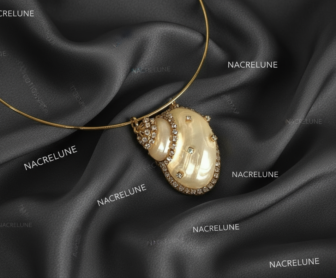 Pendentif en nacre incrusté de strass avec tour du cou semi rigide assorti NACRELUNE pendentif