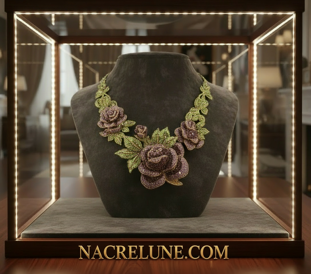 Grande parure en strass représentant des roses mauves NACRELUNE parure