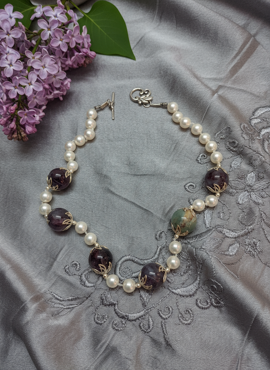 Collier en perles de nacre et grandes agates indiennes NACRELUNE collier