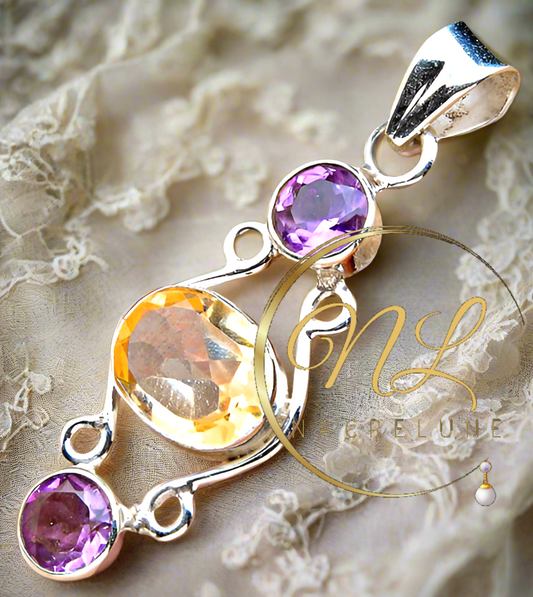 Pendentif en argent 925 avec citrine et améthystes taillées