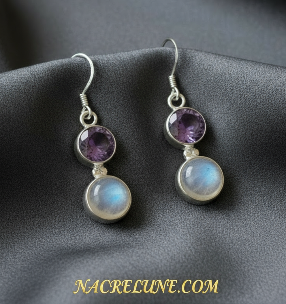 Boucles d'oreille en argent avec améthystes et pierres de lune nacrelune.com boucles d'oreille