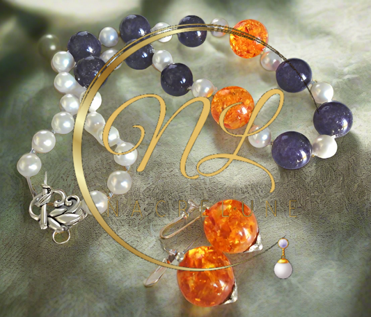 Parure en perles d'améthyste véritable , perles de nacre et ambre pressé