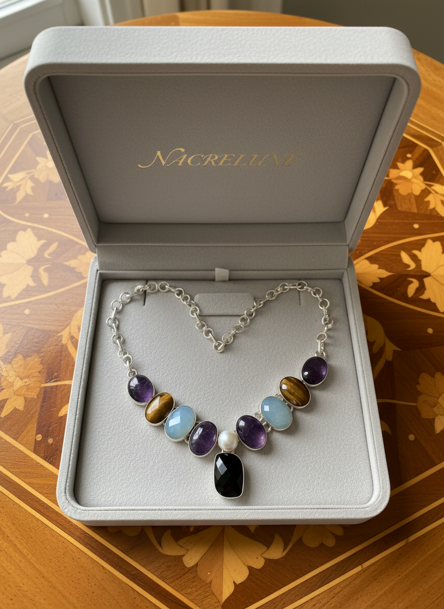 Collier en argent et pierres fines avec améthystes nacrelune.com collier