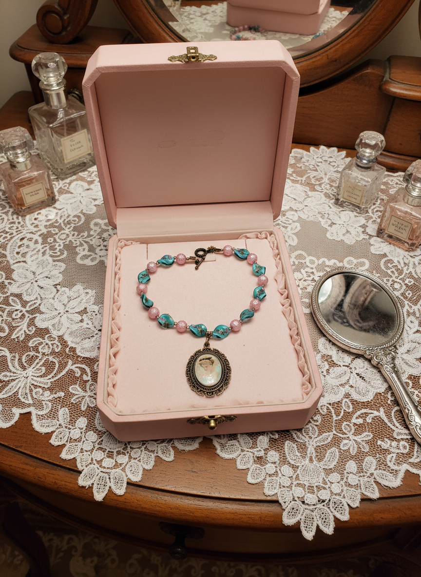 collier en perles de verre et acrylique avec grand camée victorien nacrelune.com collier