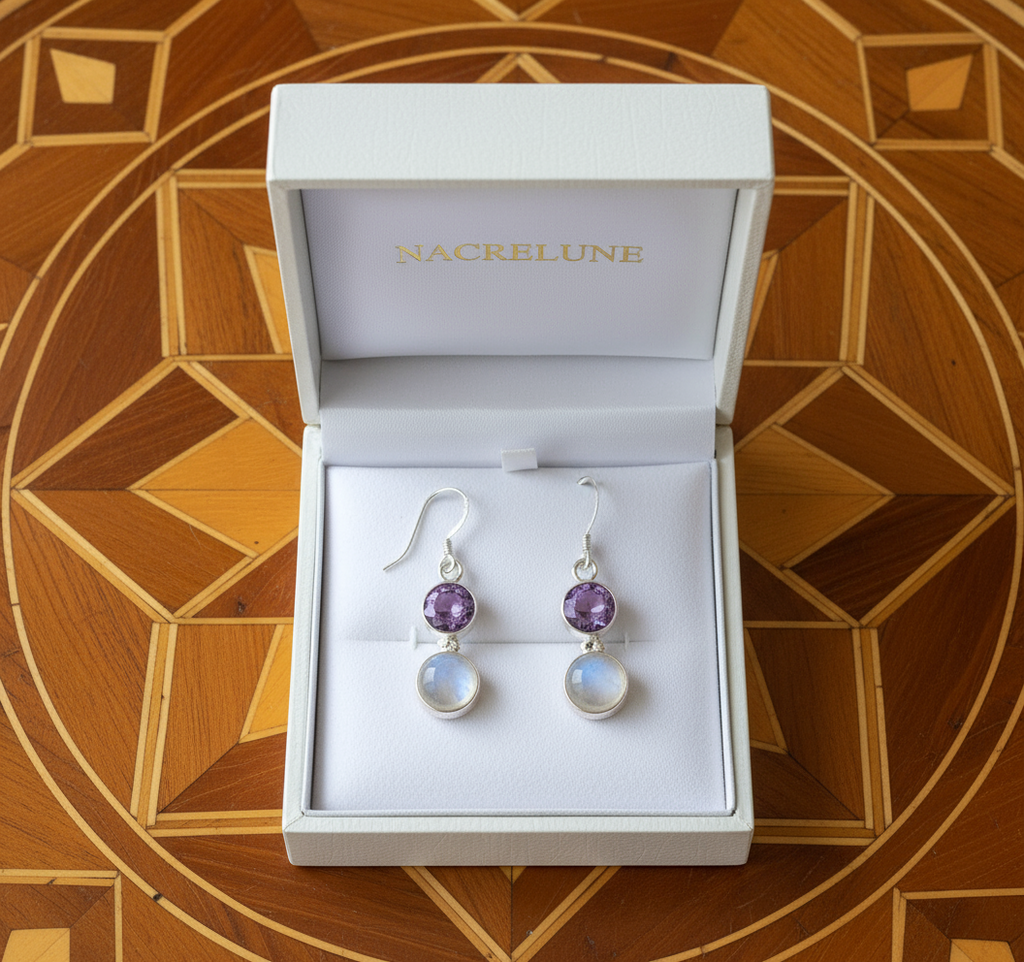 Boucles d'oreille en argent avec améthystes et pierres de lune nacrelune.com boucles d'oreille
