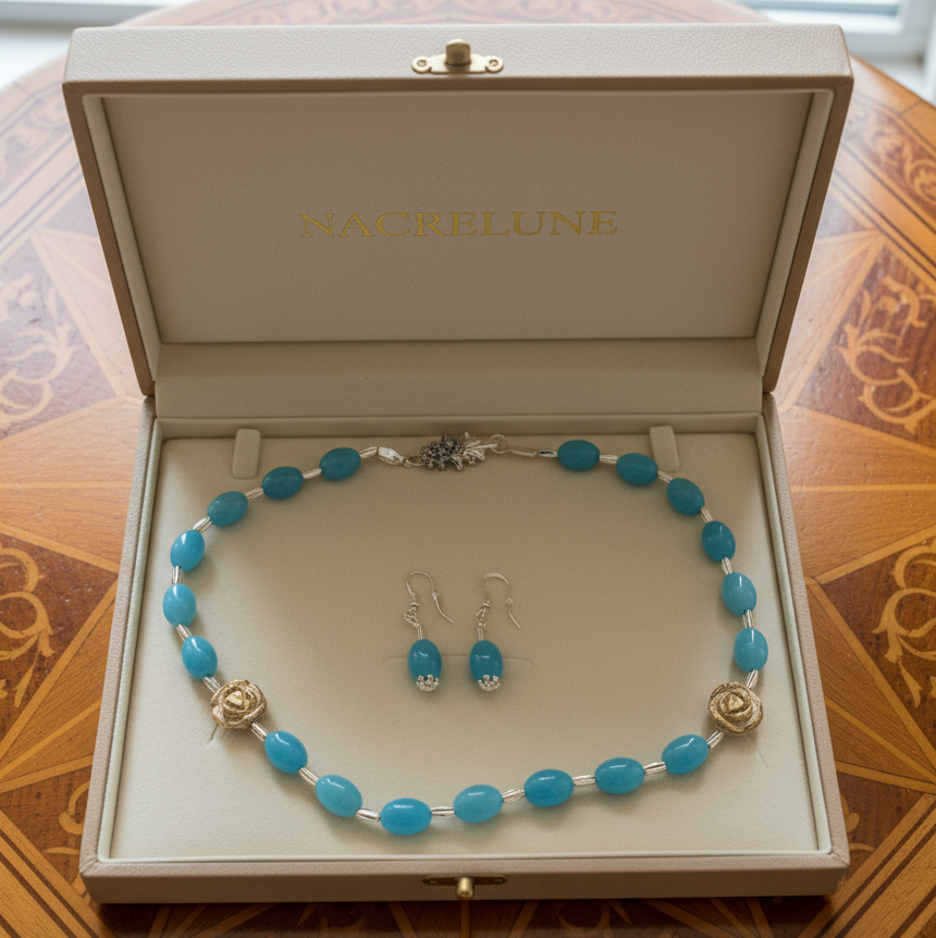 parure en perles de quartz bleus et fleurs sculptées en oeil du tigre nacrelune.com parure