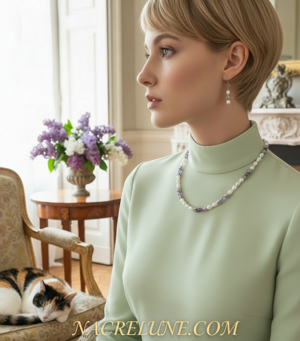 Parure en perles de culture avec améthystes véritables polies NACRELUNE parure