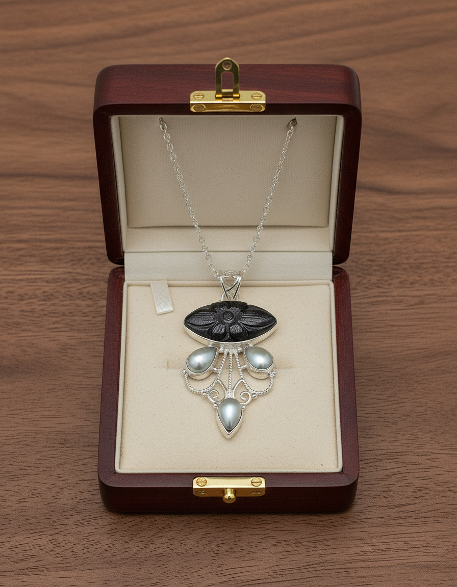 Pendentif argent 925 et pierre de soleil sculptée NACRELUNE pendentif