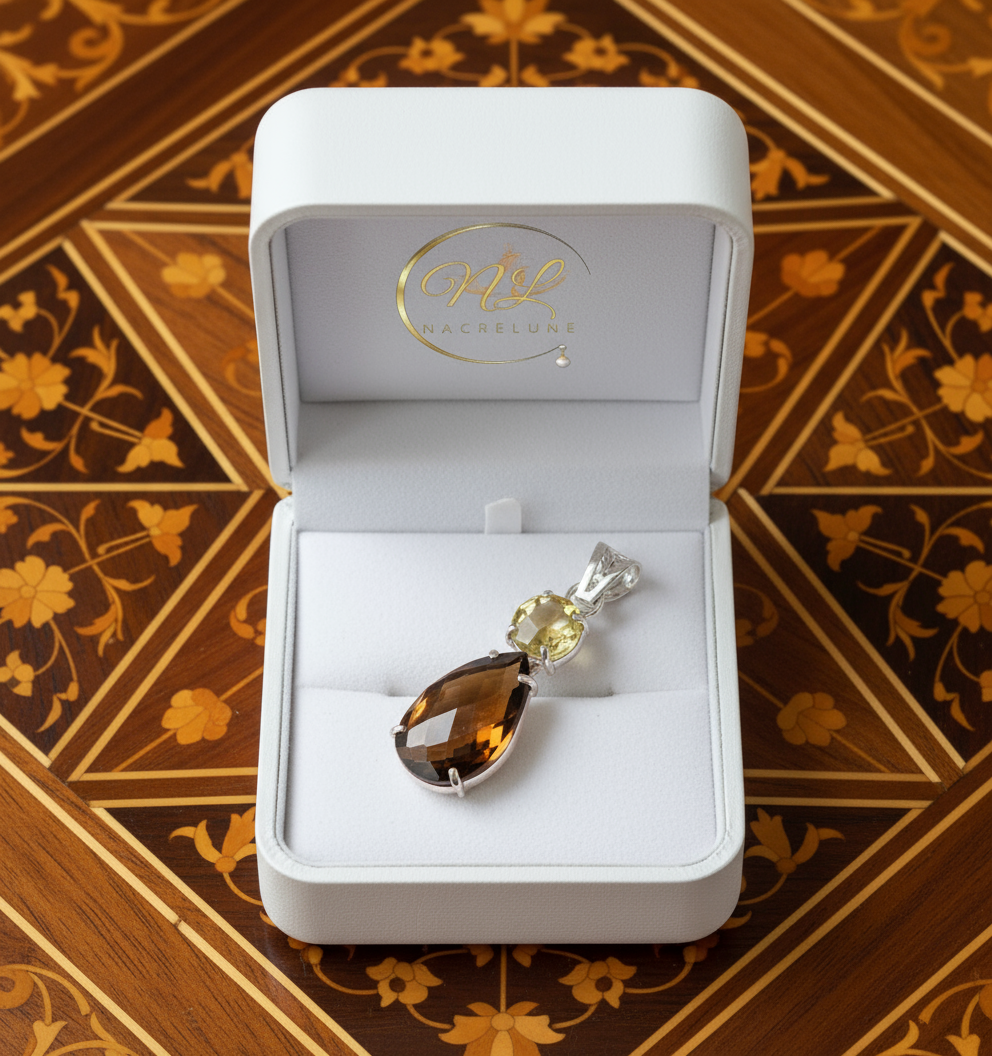 Pendentif en argent 925 avec citrine et quartz fumé taillés nacrelune.com collier