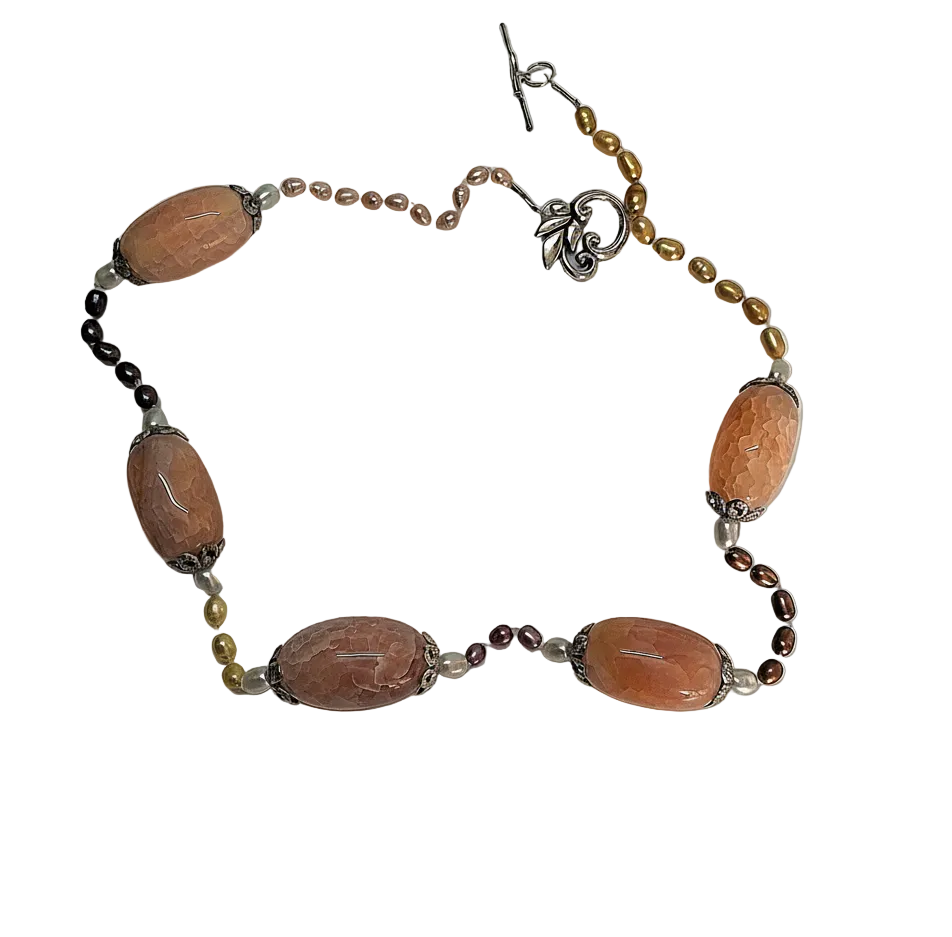 Collier en perles de culture avec grandes agates roses nacrelune.com collier