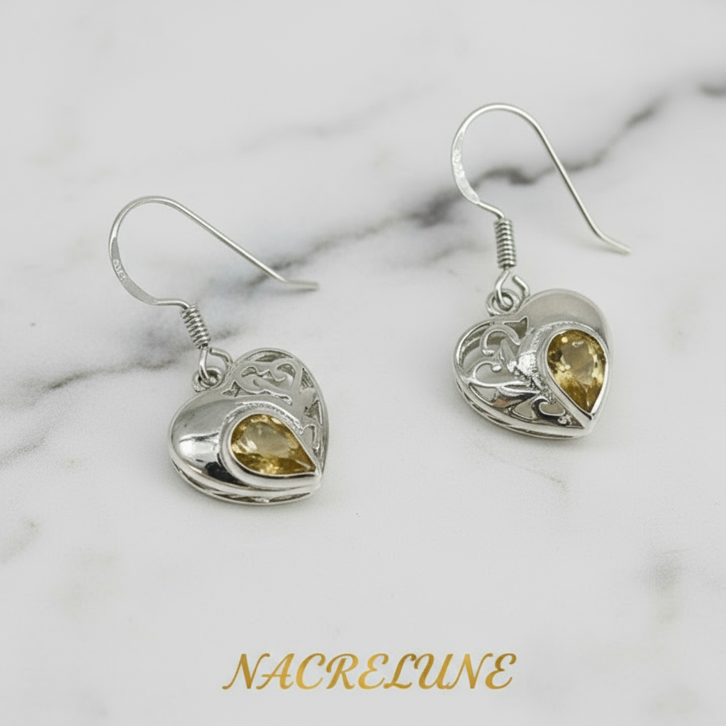 Boucles d’oreille en argent avec citrines en forme de coeur nacrelune.com boucles d'oreille