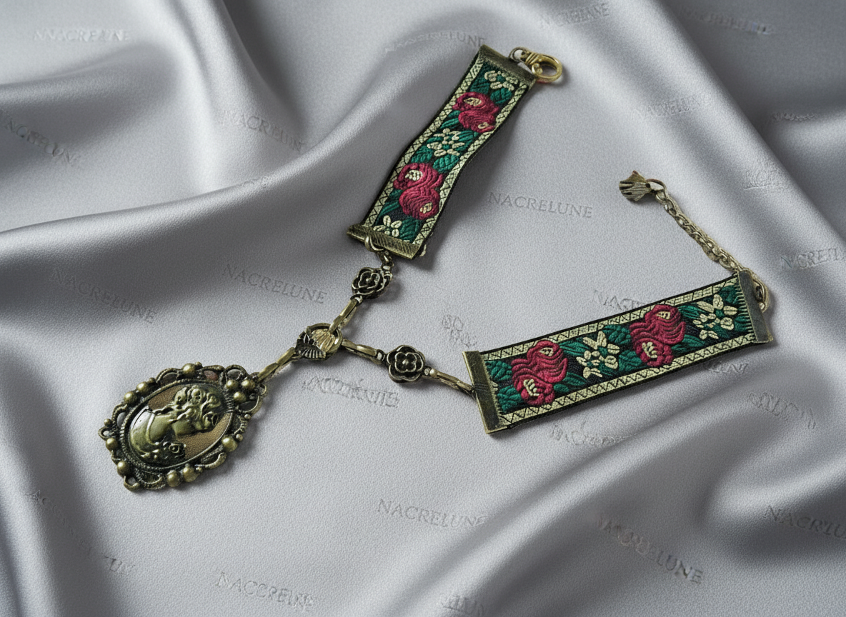 collier avec ruban brocard et camée métallique Rouge NACRELUNE collier