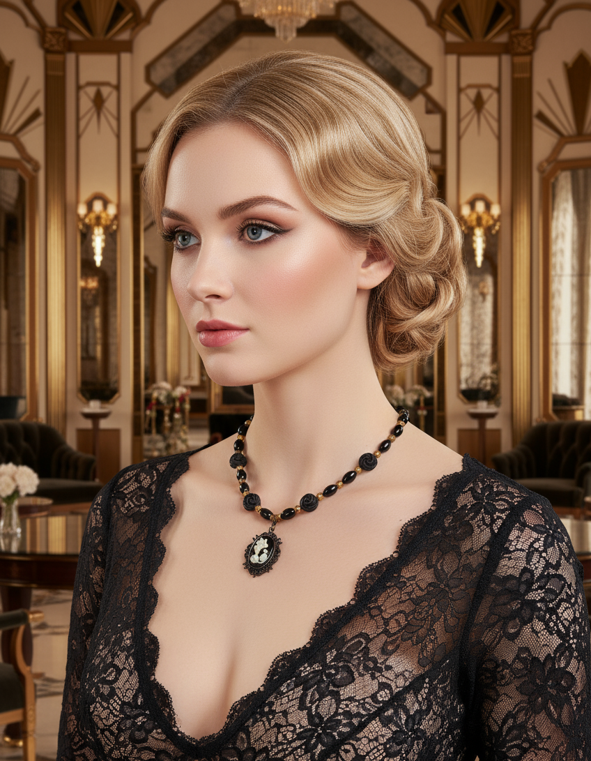 Collier en perles d'onyx avec grand camée en résine nacrelune.com collier