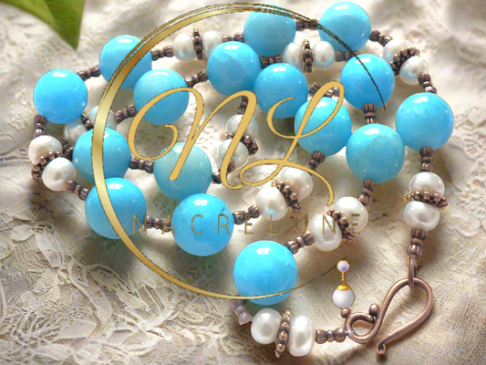 Parure en perles de quartz bleus polis avec perles de culture