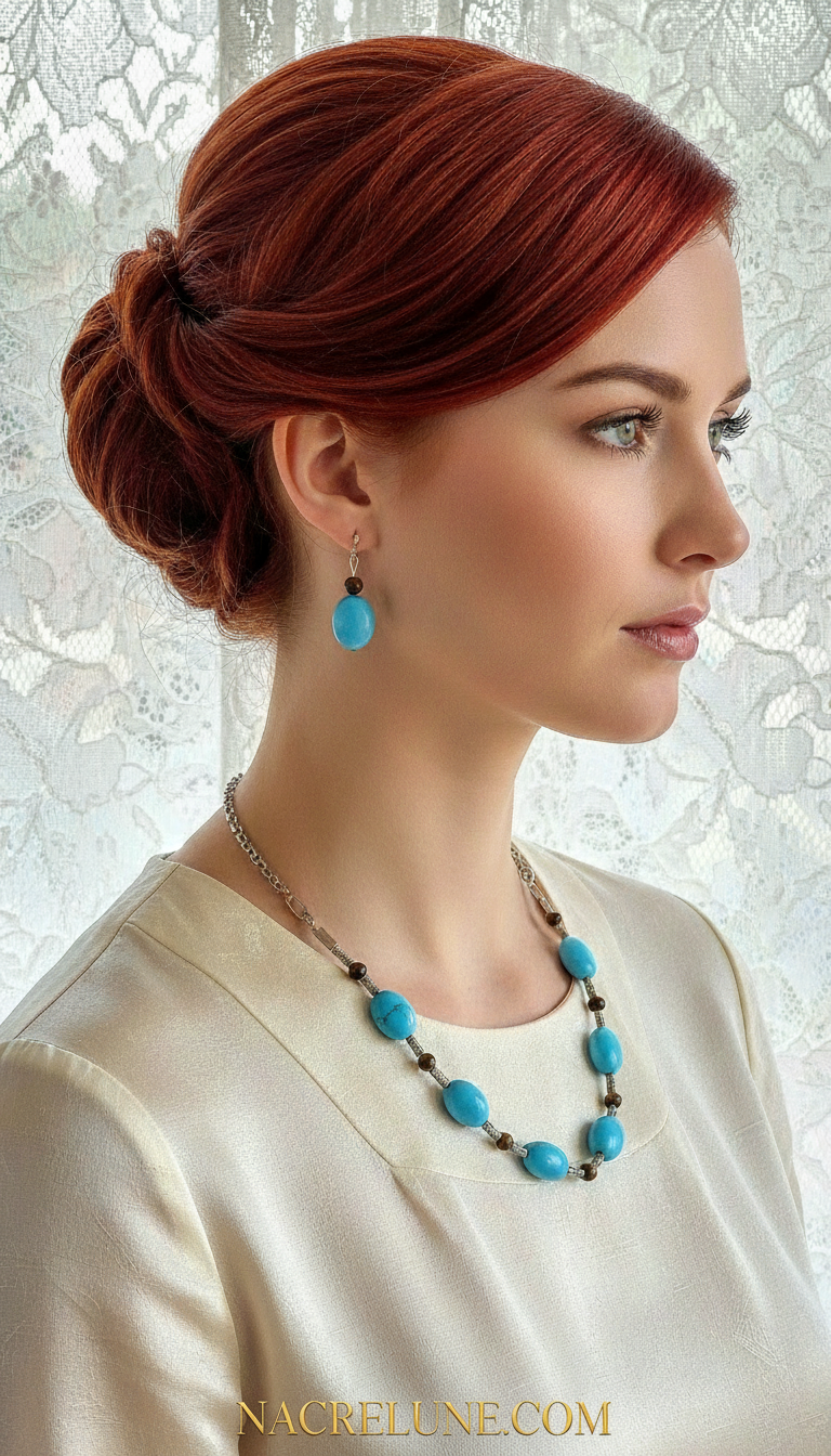 Parure en perles de turquoise et d'oeil du tigre nacrelune.com parure