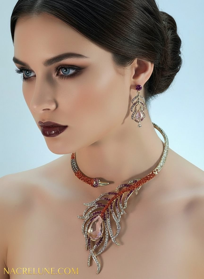 Grande parure plume de paon en strass NACRELUNE parure