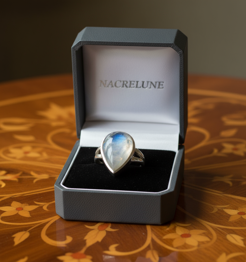 Bague en argent véritable avec magnifique pierre de lune bleue nacrelune.com Bague