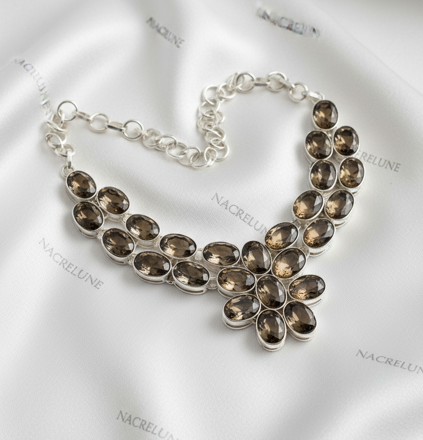 Collier en argent 925 et quartz fumés taillés nacrelune.com collier