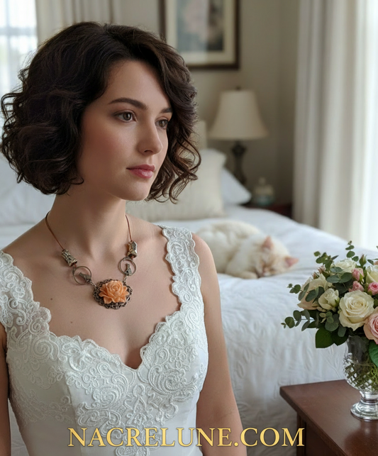 collier avec  chats et grande rose imitation corail