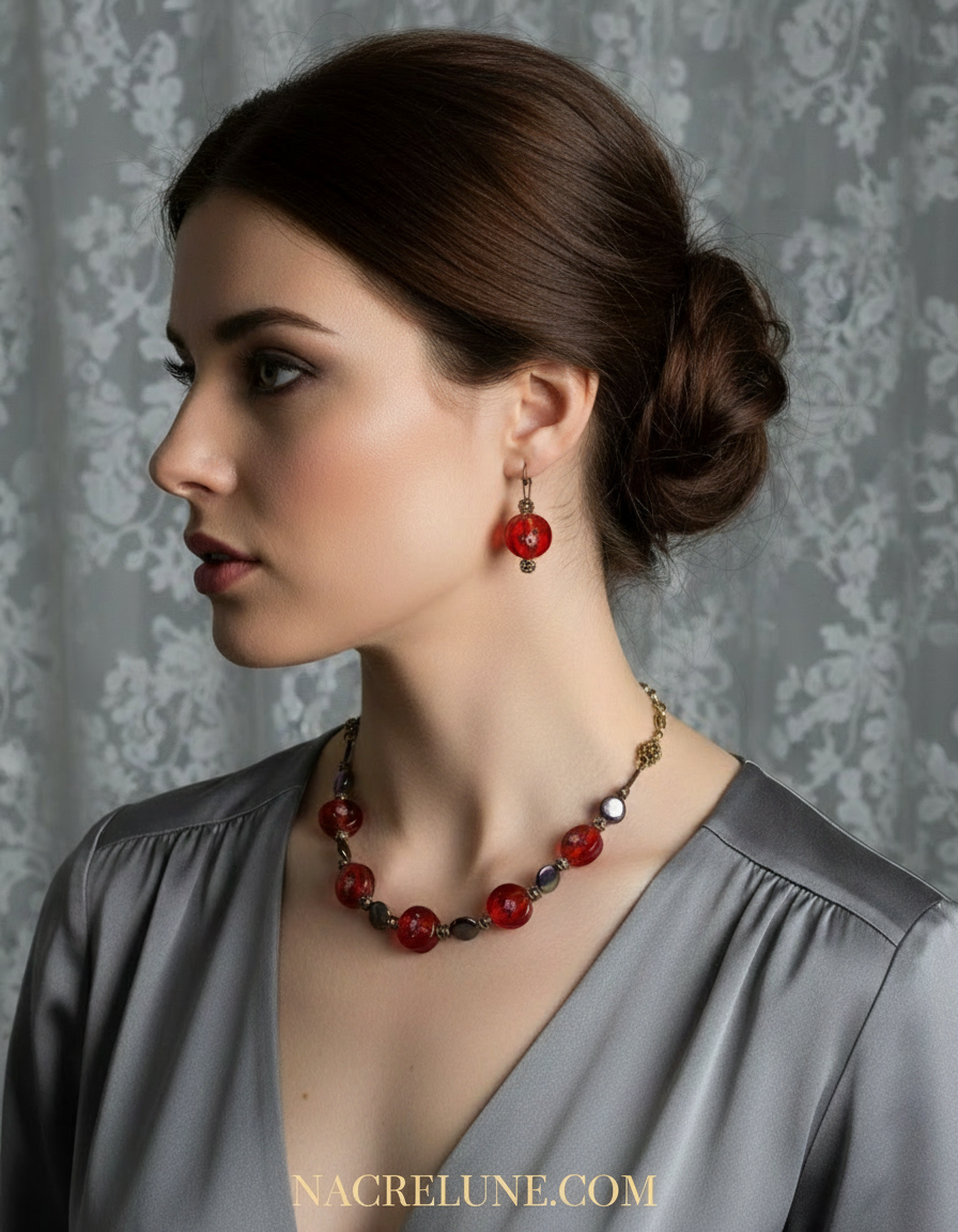 parure rouge en perles de verre et perles de nacre noire NACRELUNE parure