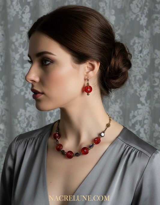 parure rouge en perles de verre et perles de nacre noire NACRELUNE parure