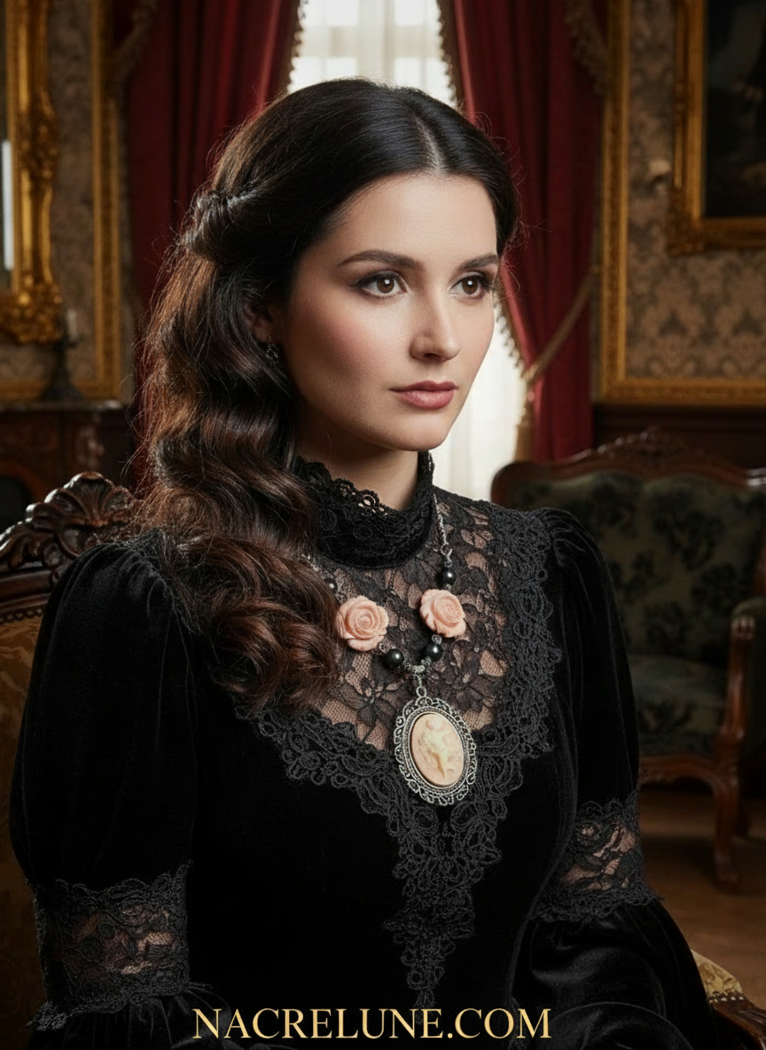 Parure avec fleurs en resine corail et perles de nacre avec camée NACRELUNE parure