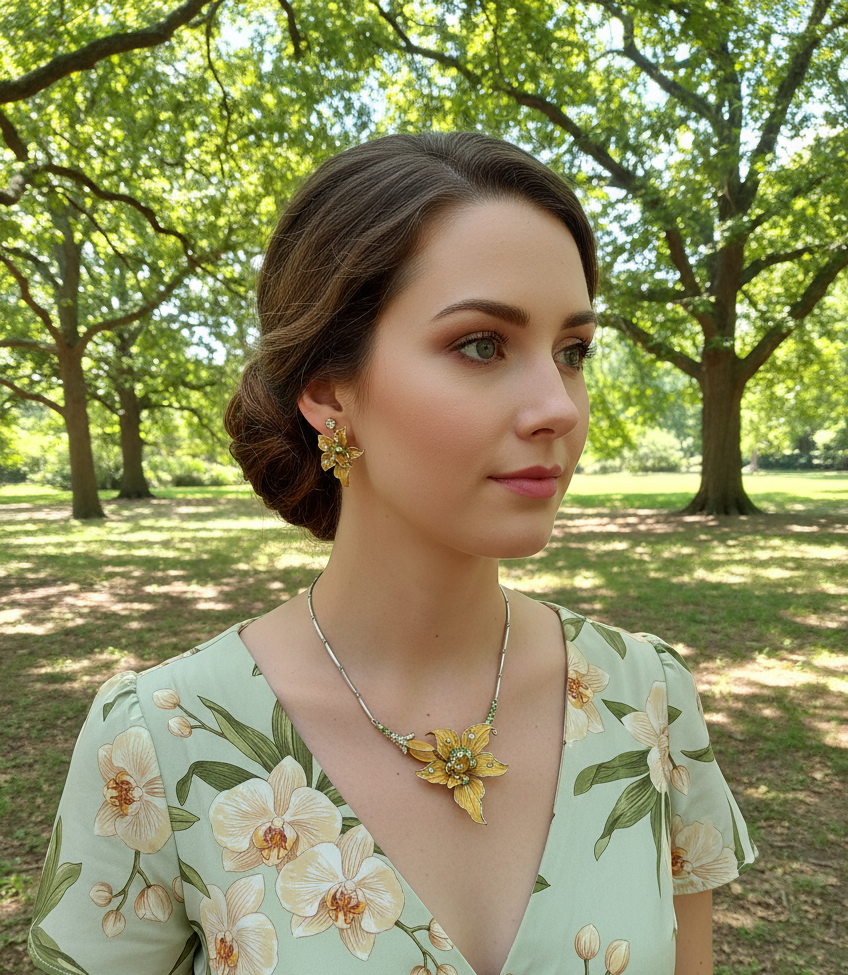 Parure en émail et strass en forme d’orchidée NACRELUNE parure